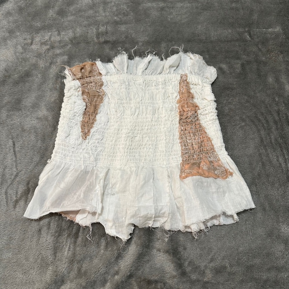 Anthropologie Smocked Patchwork Tube Top White Tan XS